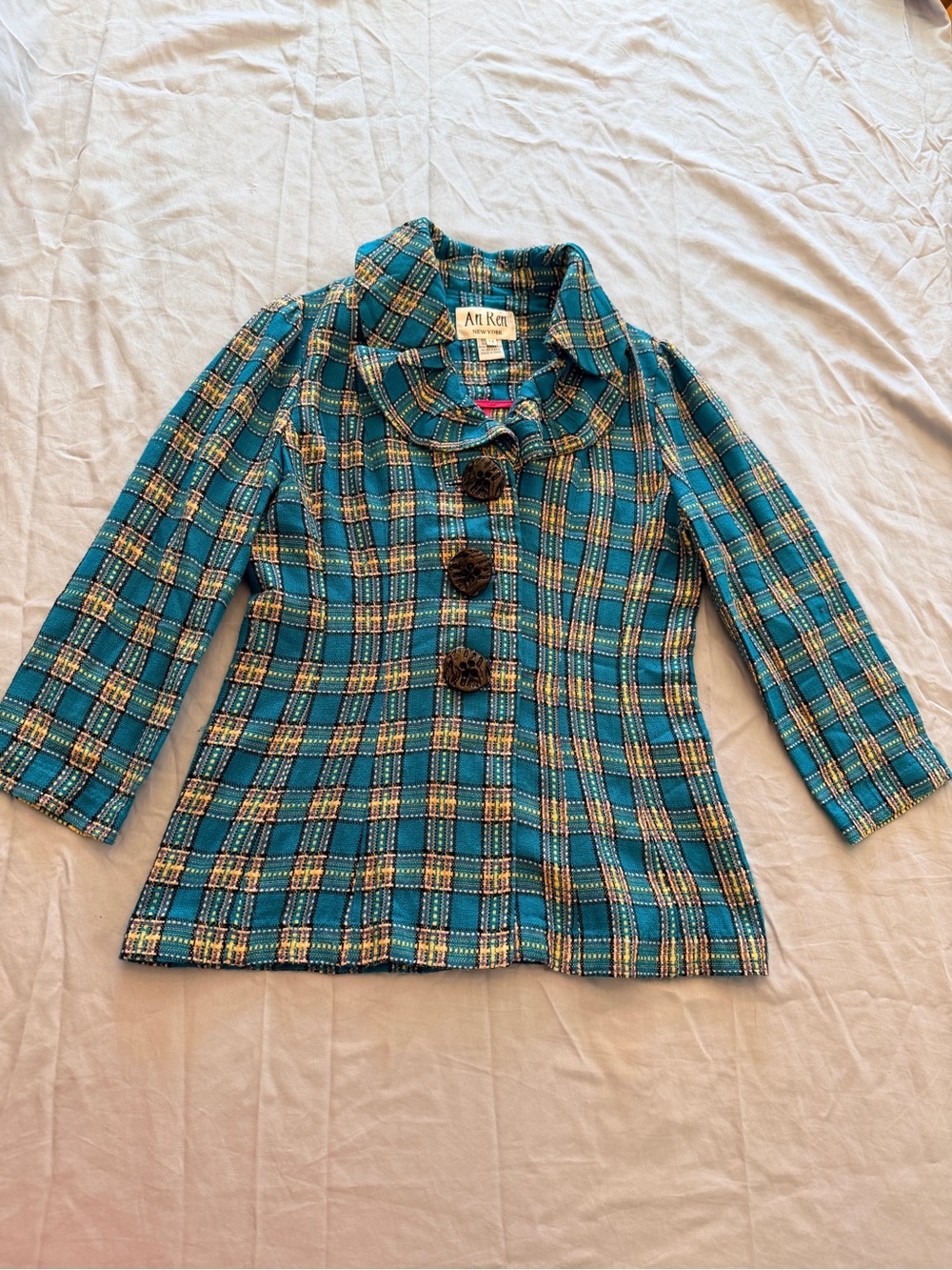 An Ren Teal Turquoise Yellow Pink plaid coat blazer Large Buttons Collar